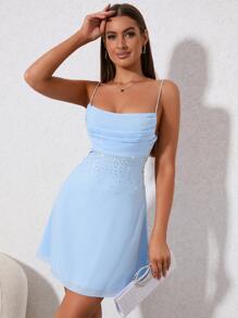 Vestido de tirantes con diseño de diamante de imitación fruncido - Celeste - Ver 1