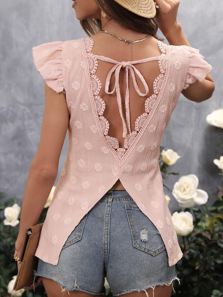 SHEIN VCAY 後背繫帶荷葉邊後綁帶T恤 - 淺粉色 - 查看 1