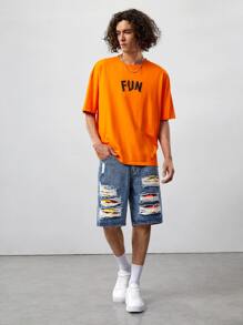 ROMWE MEN Guys Graphic Ripped Denim Shorts - Medium Wash - View 3