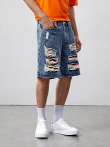 ROMWE MEN Guys Graphic Ripped Denim Shorts - Medium Wash - View 5