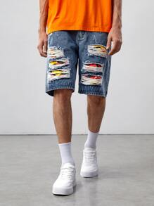 ROMWE MEN Guys Graphic Ripped Denim Shorts - Medium Wash - View 6
