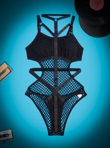 ROMWE Grunge Punk Fish Net Criss Cross Teddy Bodysuit Lingerie - Black - View 1