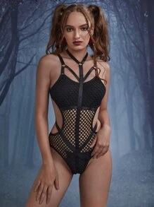 ROMWE Grunge Punk Fish Net Criss Cross Teddy Bodysuit Lingerie - Black - View 2