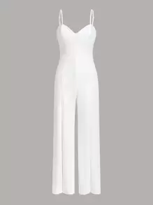 SHEIN PETITE 下擺開叉吊帶連體褲 - 白色 - 查看 1