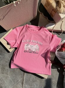 DAZY Cat & Slogan Graphic Crop Tee CUTE FRIEND LUCKY AND HAPPY Give And Receive - Pink - View 1