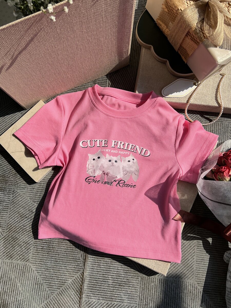DAZY Cat & Slogan Graphic Crop Tee CUTE FRIEND LUCKY AND HAPPY Give And Receive - Pink - View 1