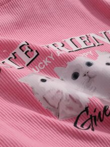 DAZY Cat & Slogan Graphic Crop Tee CUTE FRIEND LUCKY AND HAPPY Give And Receive - Pink - View 3