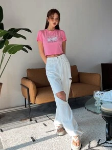 DAZY Cat & Slogan Graphic Crop Tee CUTE FRIEND LUCKY AND HAPPY Give And Receive - Pink - View 7