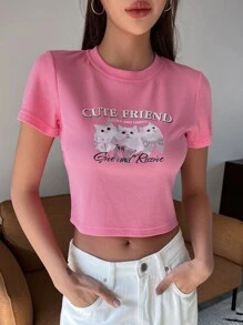 DAZY Cat & Slogan Graphic Crop Tee CUTE FRIEND LUCKY AND HAPPY Give And Receive - Pink - View 8