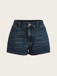 SHEIN EZwear 貓須水洗牛仔短褲 - 深色水洗藍 - 查看 1