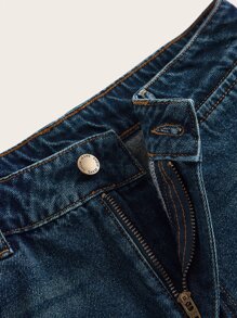 SHEIN EZwear 貓須水洗牛仔短褲 - 深色水洗藍 - 查看 3