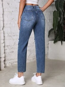 High Waist Ripped Mom Fit Jeans - Medium Wash - View 2