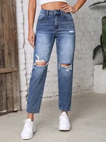 High Waist Ripped Mom Fit Jeans - Medium Wash - View 3