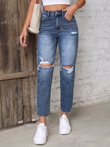 High Waist Ripped Mom Fit Jeans - Medium Wash - View 4