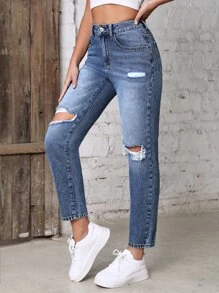 High Waist Ripped Mom Fit Jeans - Medium Wash - View 5
