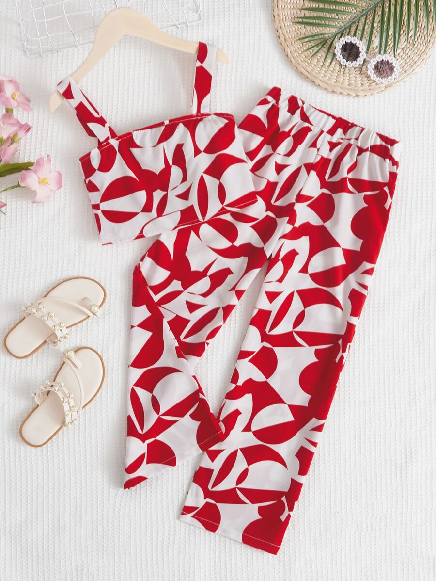 SHEIN Bộ hai mảnh Gái Dải chun Tất cả trên in Giải trí - Đỏ và trắng - Xem 1
