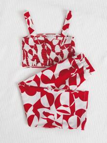 SHEIN Bộ hai mảnh Gái Dải chun Tất cả trên in Giải trí - Đỏ và trắng - Xem 2