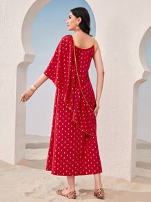 Divindia Gold Dot Print One Shoulder Ruffle Trim Ethnic Dress - Red - View 2