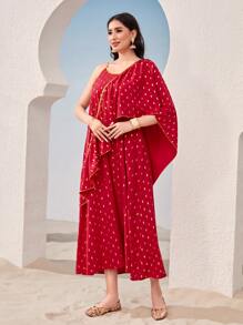 Divindia Gold Dot Print One Shoulder Ruffle Trim Ethnic Dress - Red - View 3