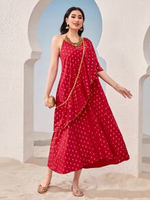 Divindia Gold Dot Print One Shoulder Ruffle Trim Ethnic Dress - Red - View 4