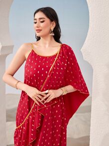 Divindia Gold Dot Print One Shoulder Ruffle Trim Ethnic Dress - Red - View 5