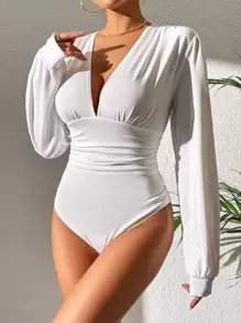 SHEIN Tall Plunge Neck Ruched Bodysuit - White - View 3