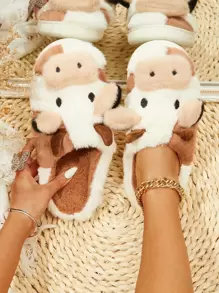 Women Cartoon Cute Slippers 2024 Autumn/Winter New Warm Fleece Non-Slip Outdoor Fluffy Cow Print Closed Toe House Slippers - Multicolor - View 1