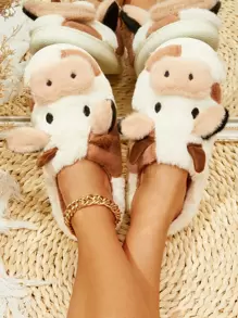 Women Cartoon Cute Slippers 2024 Autumn/Winter New Warm Fleece Non-Slip Outdoor Fluffy Cow Print Closed Toe House Slippers - Multicolor - View 2
