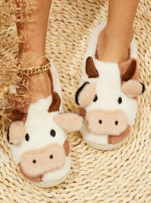 Women Cartoon Cute Slippers 2024 Autumn/Winter New Warm Fleece Non-Slip Outdoor Fluffy Cow Print Closed Toe House Slippers - Multicolor - View 3
