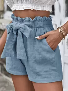 SHEIN Frenchy Paperbag Waist Belted Shorts Summer Casual Blue - Baby Blue - View 3