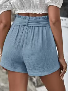 SHEIN Frenchy Paperbag Waist Belted Shorts Summer Casual Blue - Baby Blue - View 5