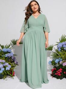 大碼蝴蝶袖百褶細節雪紡伴娘連衣裙 - 綠色 - 查看 4