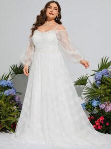 大碼挖肩燈籠袖貼花網紗覆蓋連衣裙