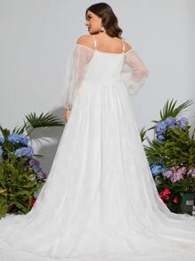 大碼挖肩燈籠袖貼花網紗覆蓋連衣裙