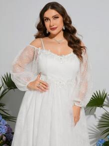 大碼挖肩燈籠袖貼花網紗覆蓋連衣裙