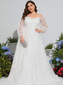 大碼挖肩燈籠袖貼花網紗覆蓋連衣裙