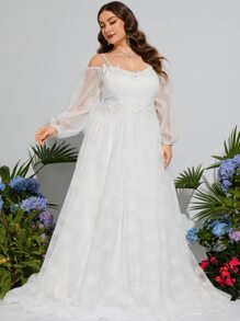 大碼挖肩燈籠袖貼花網紗覆蓋連衣裙