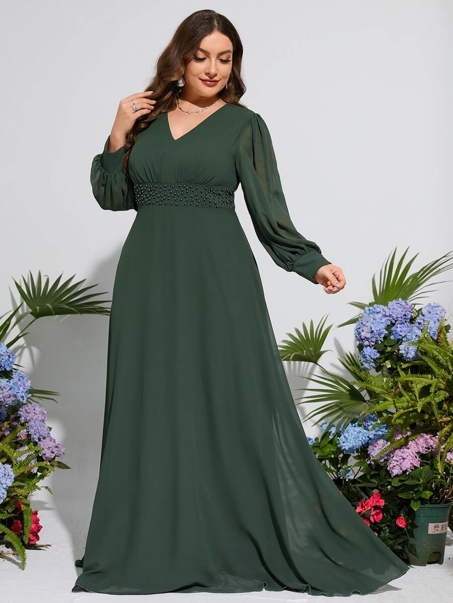 加珍珠串珠灯笼袖伴娘礼服优雅长袖圣诞节礼服 - 綠色 - 查看 1