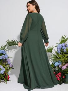 加珍珠串珠灯笼袖伴娘礼服优雅长袖圣诞节礼服 - 綠色 - 查看 2