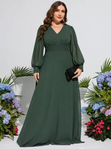 加珍珠串珠灯笼袖伴娘礼服优雅长袖圣诞节礼服 - 綠色 - 查看 3