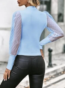 SHEIN Privé Áo thun nữ Tương phản Mesh cắt màu trơn Giải trí - Màu xanh nhạt - Xem 2