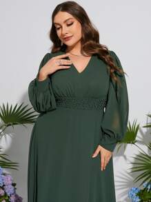 加珍珠串珠灯笼袖伴娘礼服优雅长袖圣诞节礼服 - 綠色 - 查看 4