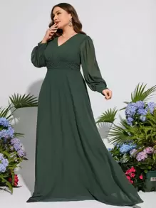 加珍珠串珠灯笼袖伴娘礼服优雅长袖圣诞节礼服 - 綠色 - 查看 5