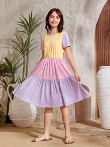 SHEIN Teen Girls Colorblock Ruffle Hem A-line Dress - Multicolor - View 1