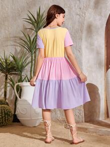 SHEIN Teen Girls Colorblock Ruffle Hem A-line Dress - Multicolor - View 2