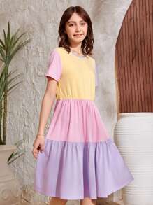 SHEIN Teen Girls Colorblock Ruffle Hem A-line Dress - Multicolor - View 3