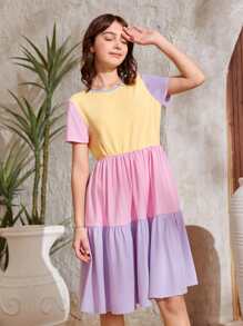 SHEIN Teen Girls Colorblock Ruffle Hem A-line Dress - Multicolor - View 4