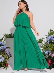 Plus Pleated Tie Backless Chiffon Bridesmaid Dress - Green - View 5