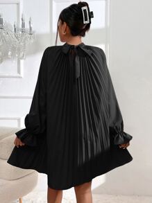 SHEIN Privé Flounce Sleeve Pleated Detail Mock Neck Pleated Dress