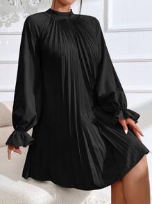 SHEIN Privé Flounce Sleeve Pleated Detail Mock Neck Pleated Dress